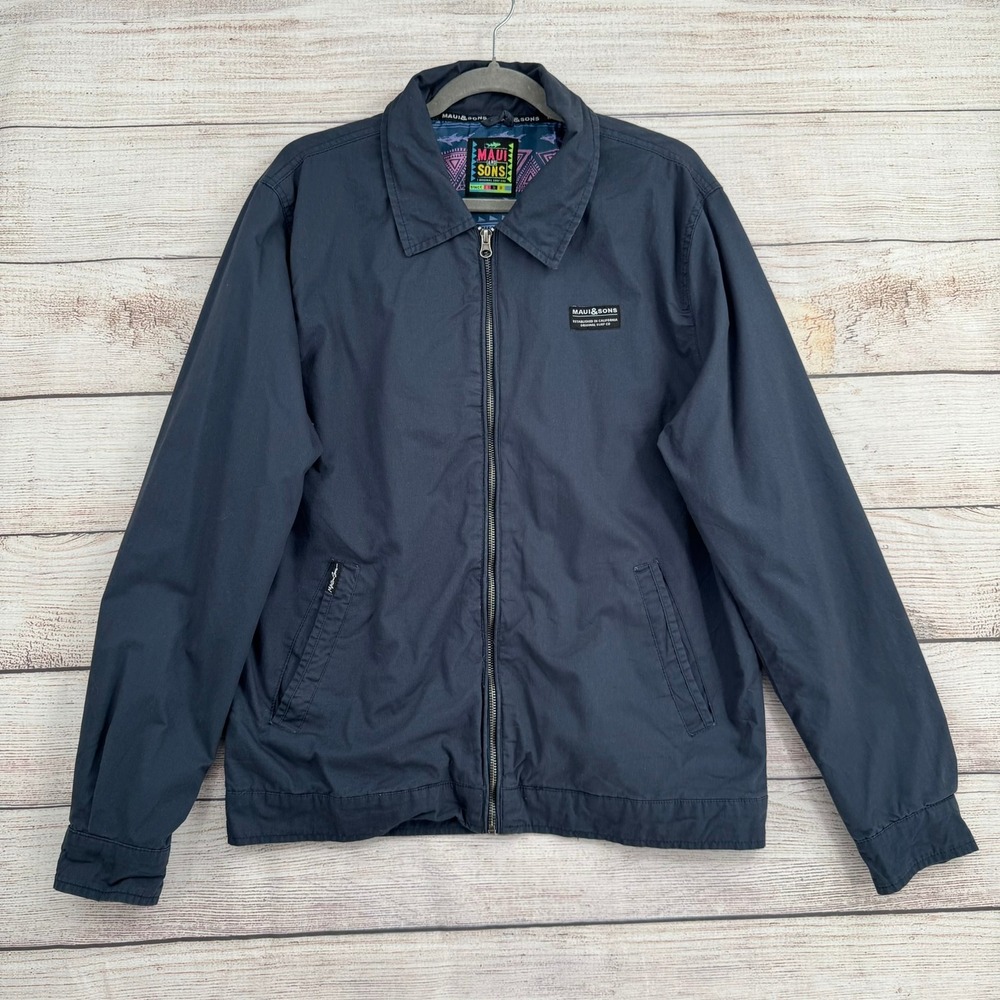 Maui and Sons Windbreaker Jacket Mens Medium Blue Full Zip Cotton Shark Lining